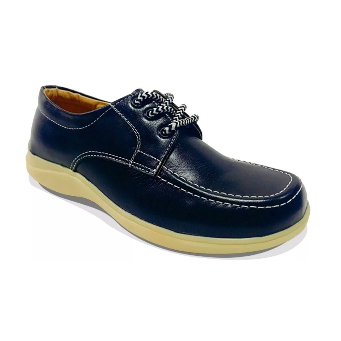 Zapato Colegial Cuero Negro Amarrar Cocido Uniforme Escolar Azul