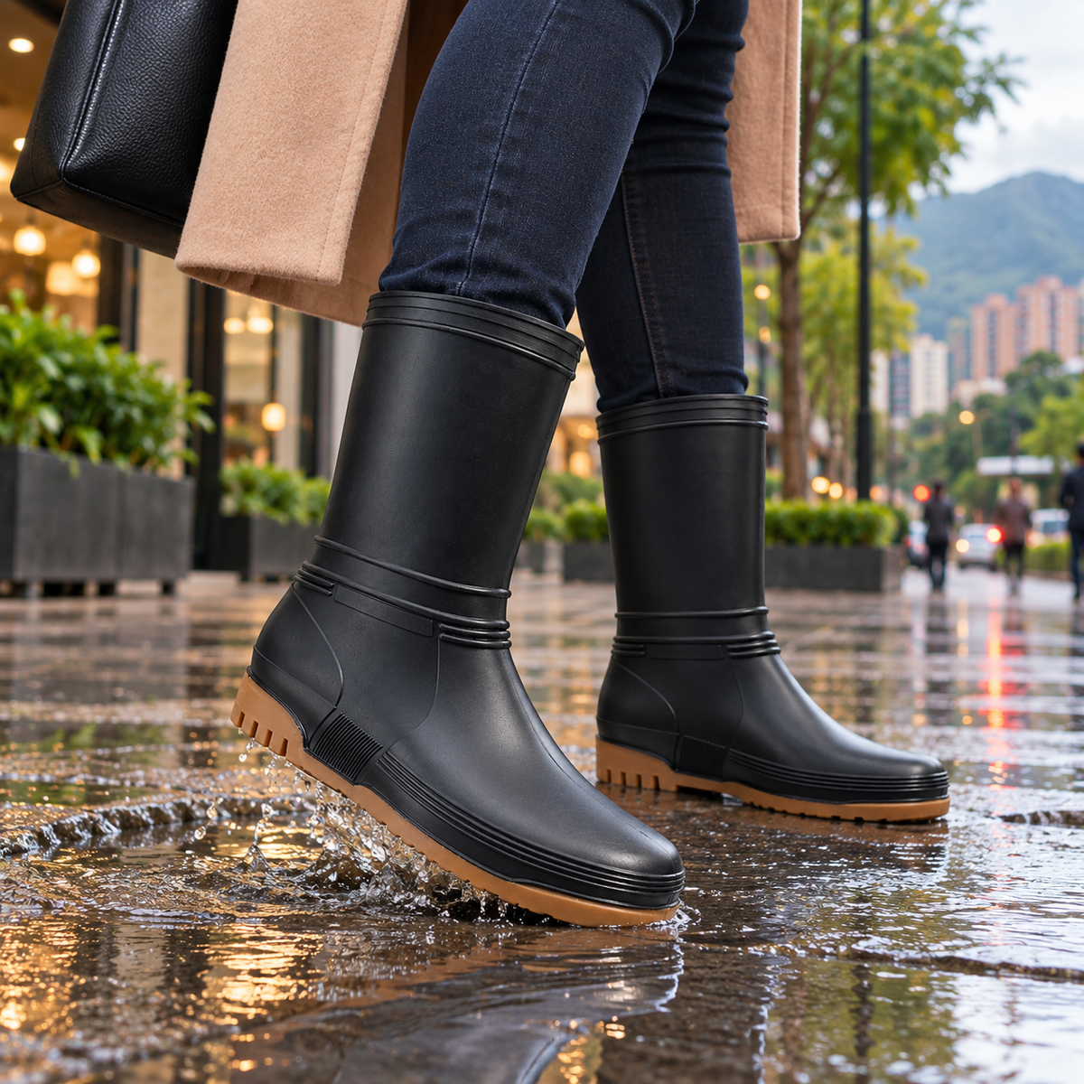 Botas de Lluvia para Mujer en Caucho Impermeable Antideslizante – Caña Ancha Negras