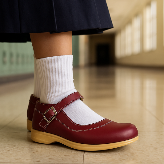 Zapatos colegiales Rojo tipo Mafalda con hebilla para niña en cuero 100% legítimo