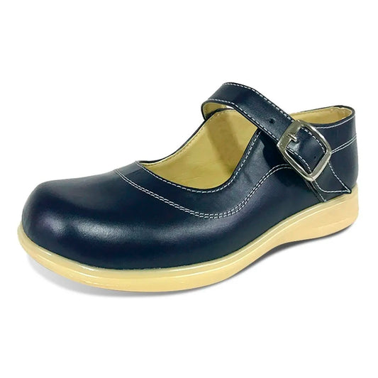 Zapatos colegiales tipo Mafalda con hebilla Azul para niña en cuero 100% legítimo