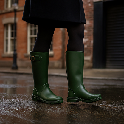 Botas de Lluvia Verde Militar para Mujer 🌧️ Elegantes Impermeables Antideslizantes de Caucho con Hebilla – Moda y Protección