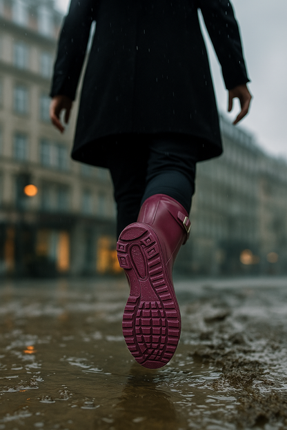 Botas de Lluvia Vinotinto para Mujer 🌧️ Elegantes Impermeables Antideslizantes de Caucho con Hebilla – Moda y Protección