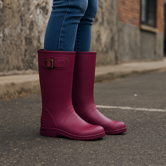 Botas de Lluvia Vinotinto para Mujer 🌧️ Elegantes Impermeables Antideslizantes de Caucho con Hebilla – Moda y Protección