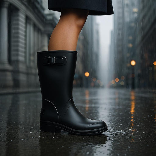 Botas de Lluvia Negras para Mujer 🌧️ Elegantes Impermeables Antideslizantes de Caucho con Hebilla – Moda y Protección