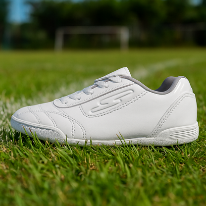 Tenis Colegial Futsala Torretín Blanco suela blanca Cocido Alta Resistencia