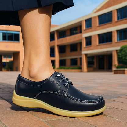 Zapato Colegial Cuero Negro Amarrar Cocido Uniforme Escolar Azul