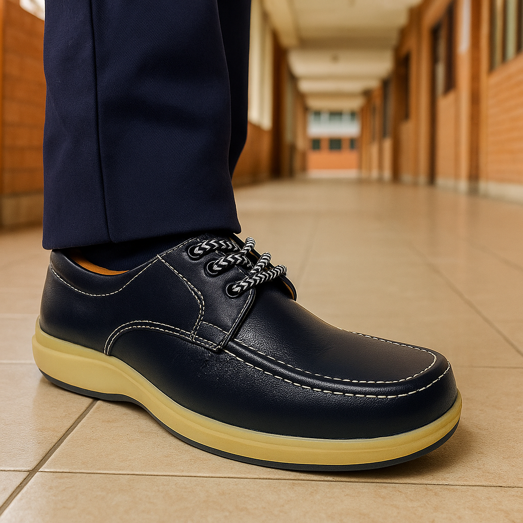 Zapato Colegial Cuero Negro Amarrar Cocido Uniforme Escolar Azul